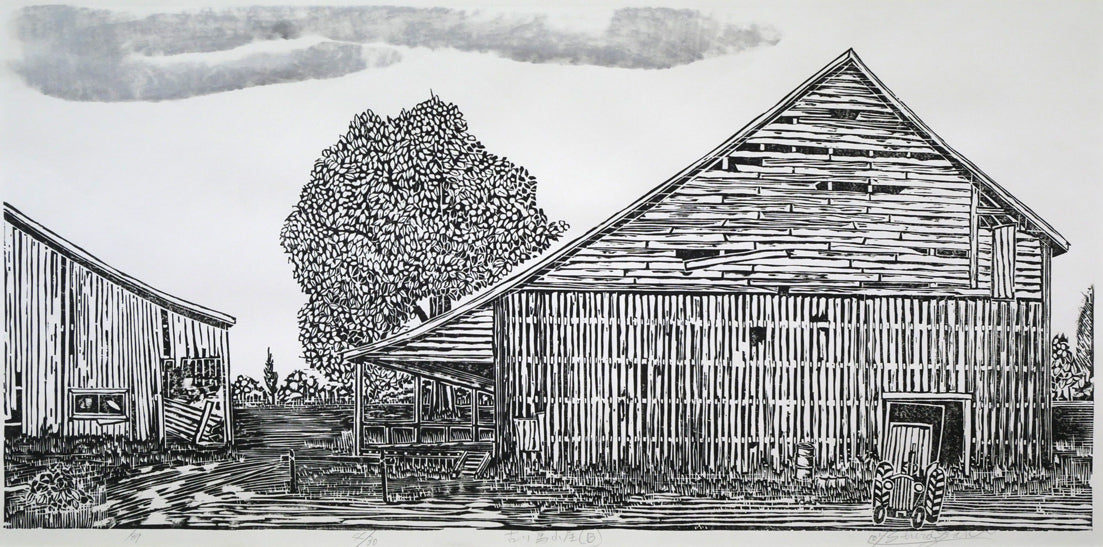 尾崎志郎「古い馬小屋（B）」木版画　作品全体拡大画像