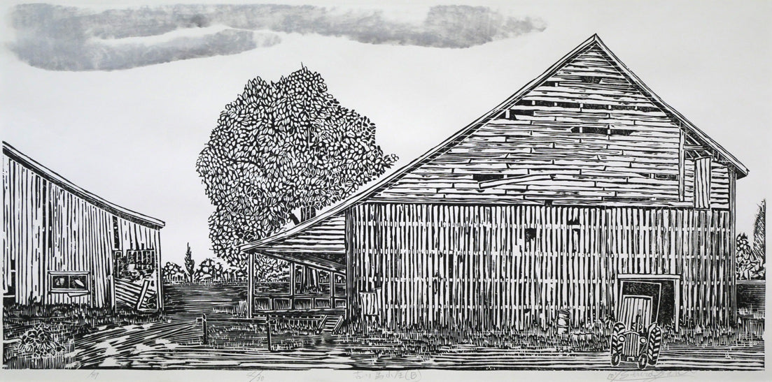 尾崎志郎「古い馬小屋（B）」木版画　作品全体画像