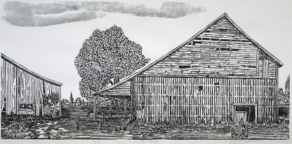 尾崎志郎「古い馬小屋（B）」木版画　作品全体画像