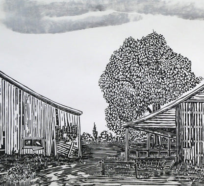 尾崎志郎「古い馬小屋（B）」木版画　拡大画像1