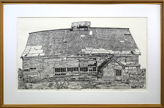 尾崎志郎「浜婦美の番屋（積丹）」木版画