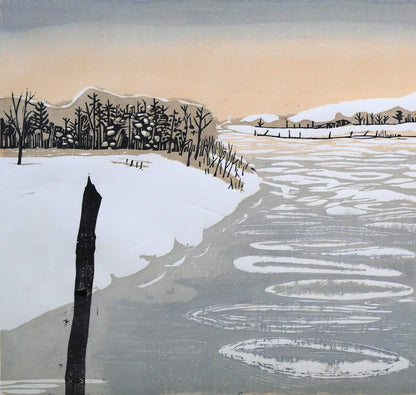 尾崎志郎「凍る川」木版画　拡大画像1