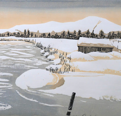 尾崎志郎「凍る川」木版画　拡大画像2