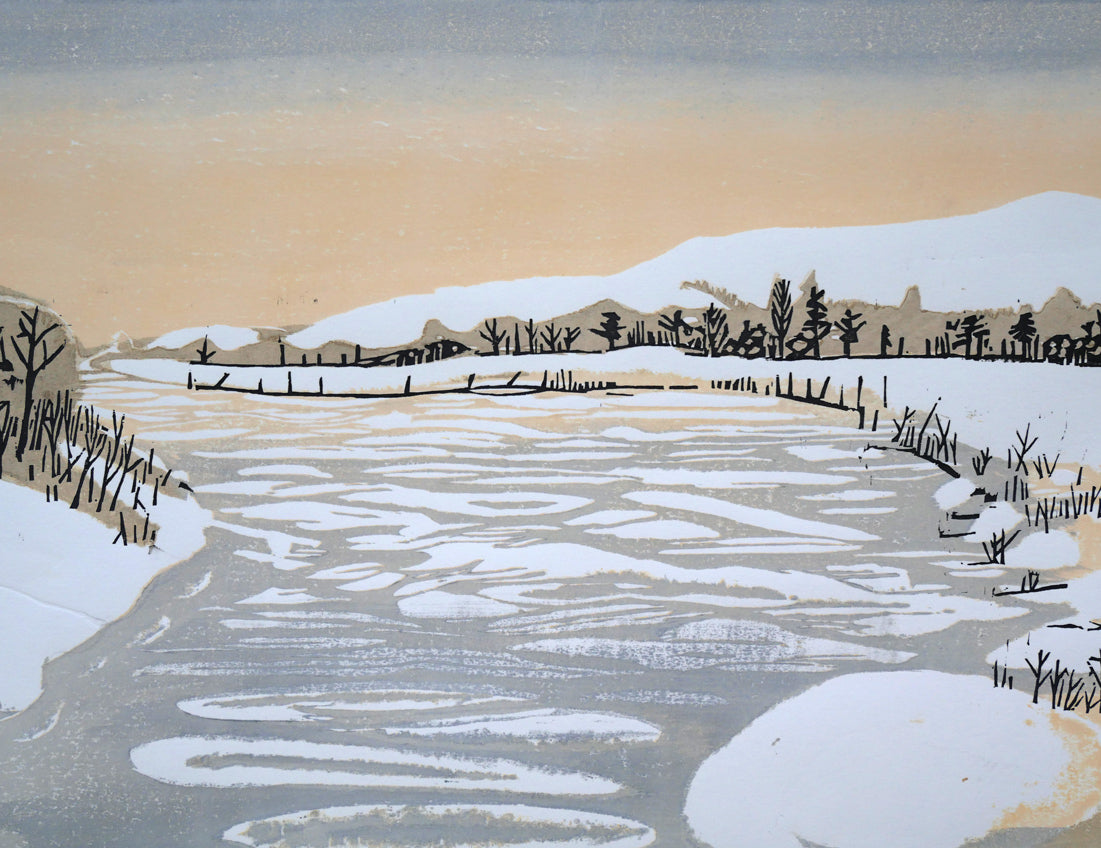 尾崎志郎「凍る川」木版画　拡大画像3