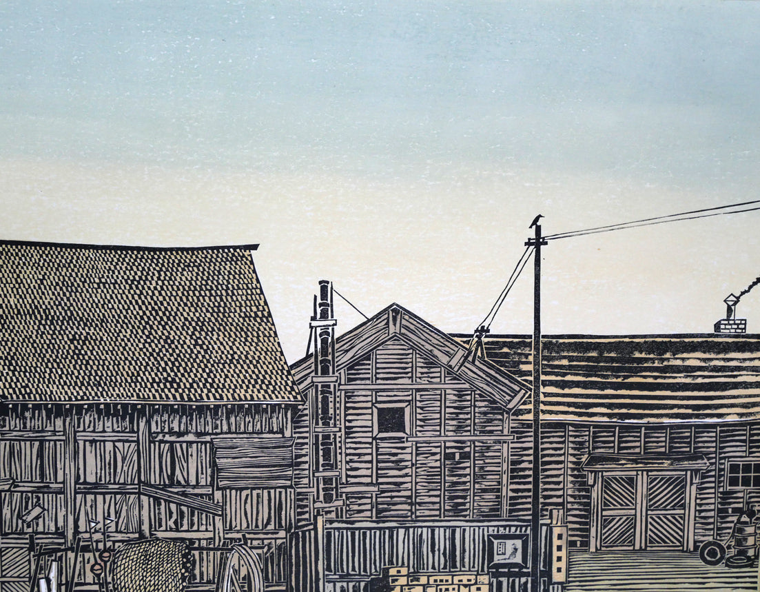 尾崎志郎「漁村（増毛）」木版画　拡大画像4