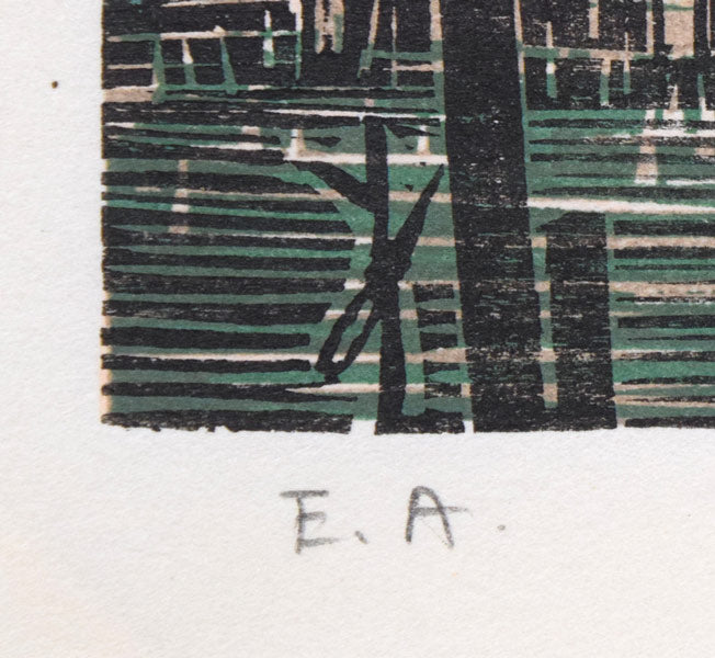 尾崎志郎「歌棄の漁家」木版画　限定番号（ed,E.A.＝作家保存版）
