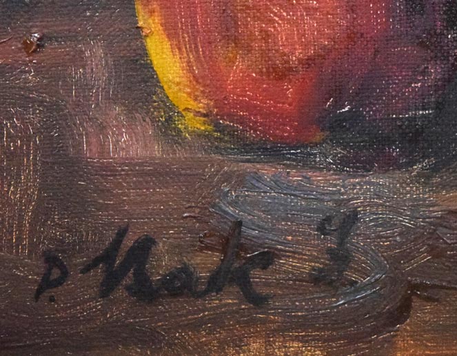 P・バック「りんごと花の静物」油絵・変形20号　サイン拡大画像