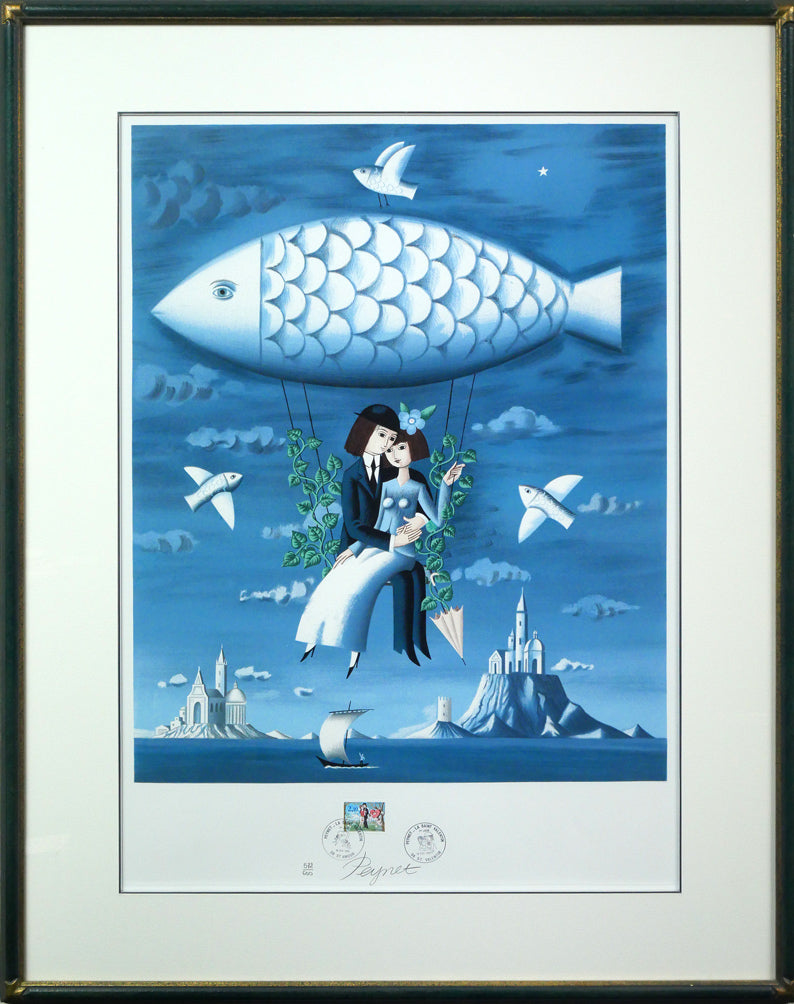 レイモン・ペイネ(Raymond　Peynet)「天空をゆく魚（飛行船）」リトグラフ