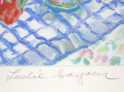 レスリー・セイヤー（Leslie　SAYOUR）「カラフルテーブル」シルクスクリーン版画　本人直筆鉛筆サイン