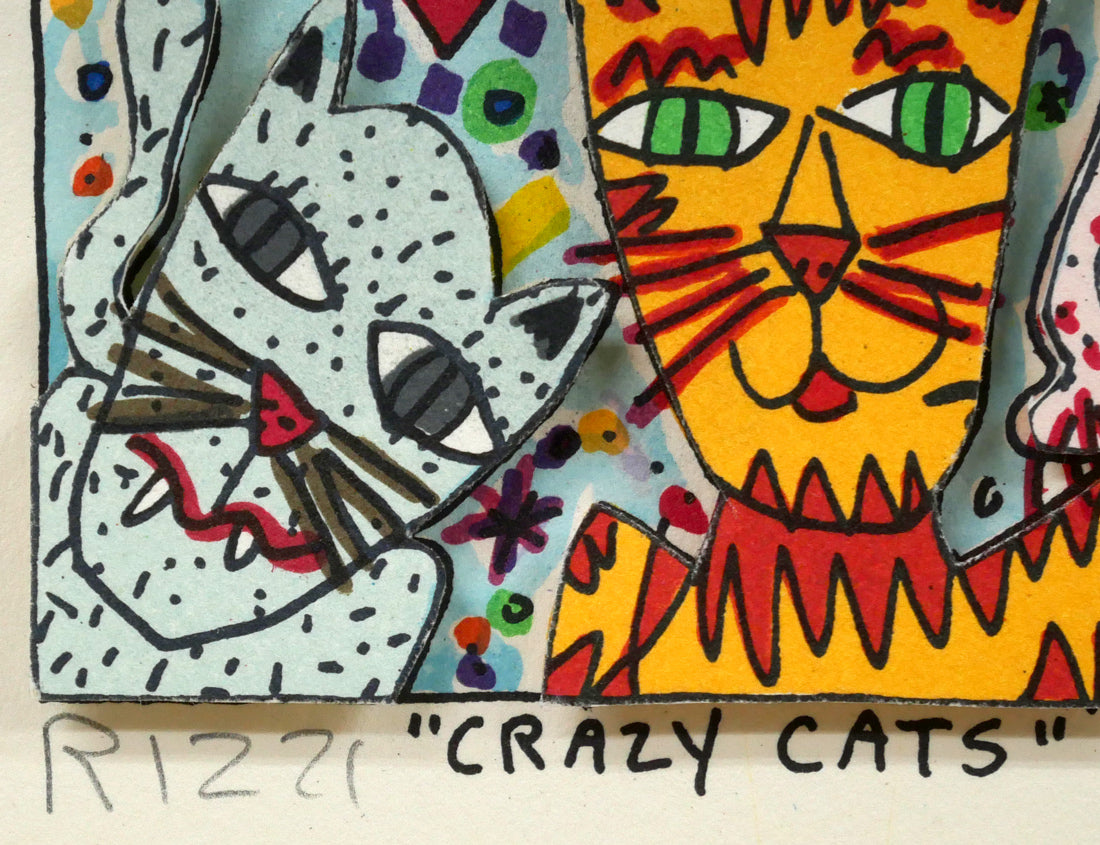 ジェームス　リジィ（JAMES　RIZZI）「CRAZY　CATS」3Dリトグラフ　本人直筆鉛筆サイン、作品タイトル