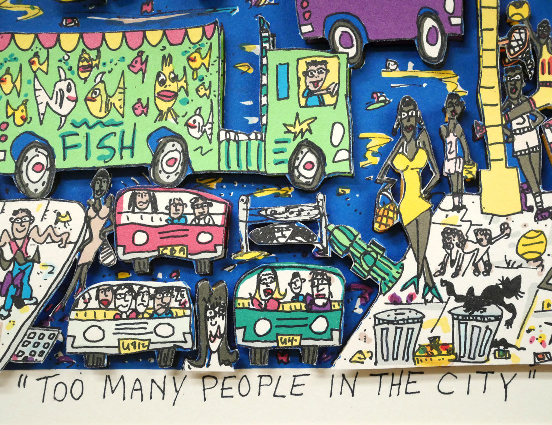 ジェームス・リジィ（JAMES　RIZZI）「TOO　MANY　PEOPLE　IN　THE　CITY」3Dシルクスクリーン版画　作品タイトル部分
