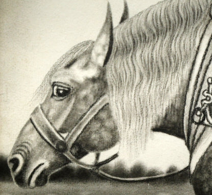 露山（畠中清喜）「引っ張りあうばん馬」木炭画・水墨・変形40号　拡大画像2