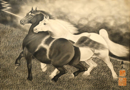 露山（畠中清喜）「二頭の馬」木炭画・水墨・20号大　作品全体画像