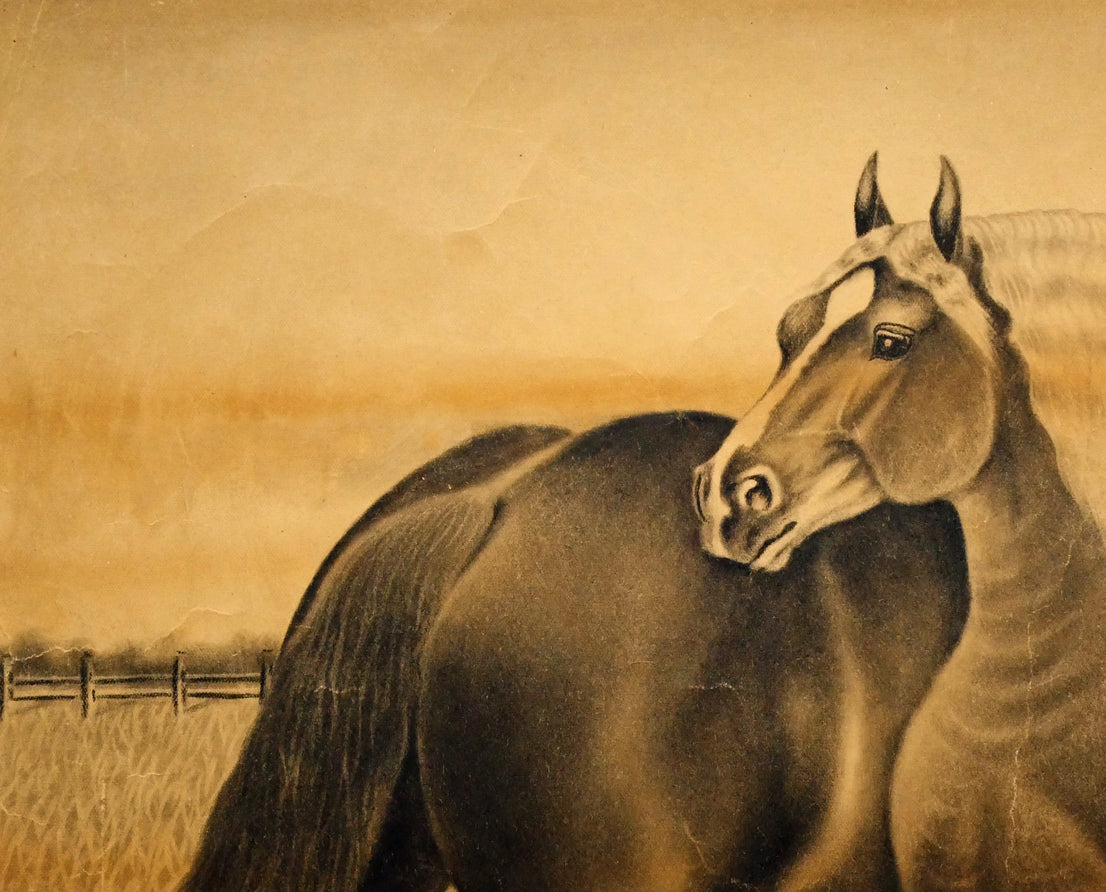 露山（畠中清喜）「馬二頭」木炭画・水墨・10号大　拡大画像1