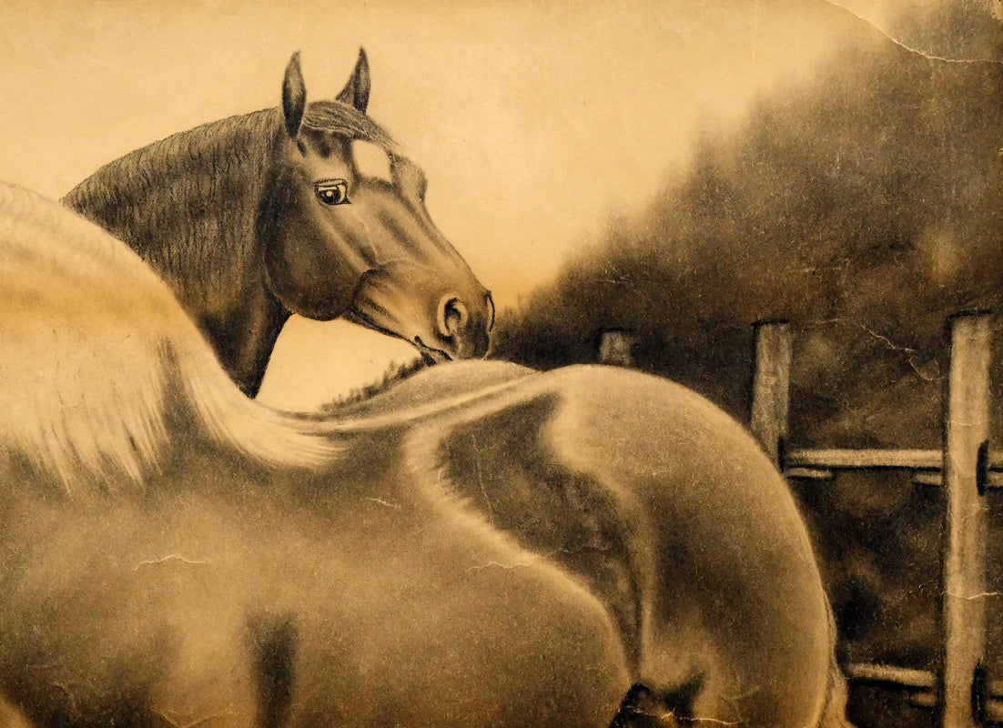 露山（畠中清喜）「馬二頭」木炭画・水墨・10号大　拡大画像3
