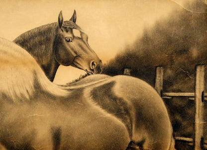 露山（畠中清喜）「馬二頭」木炭画・水墨・10号大　拡大画像3