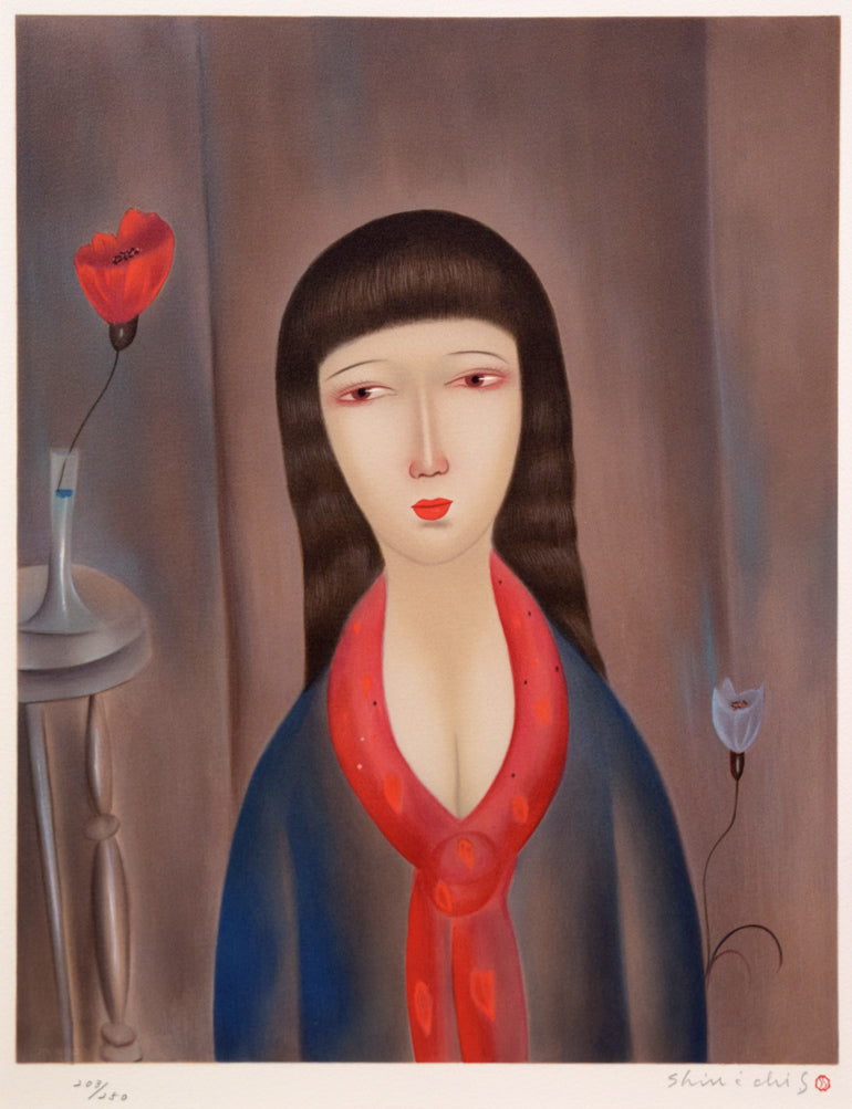 斎藤真一「赤いスカーフの女」リトグラフ　作品全体拡大画像