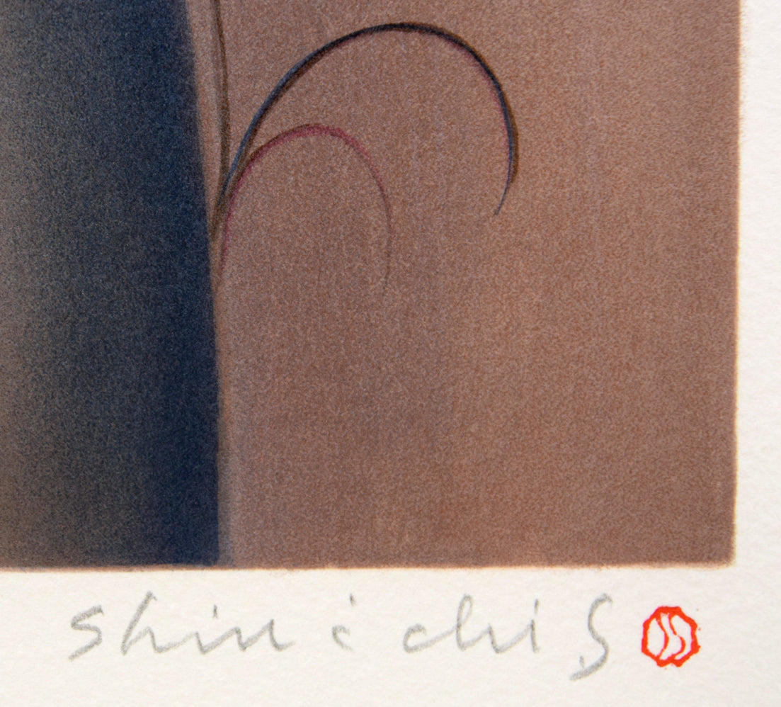 斎藤真一「赤いスカーフの女」リトグラフ　本人直筆鉛筆サイン、落款拡大画像