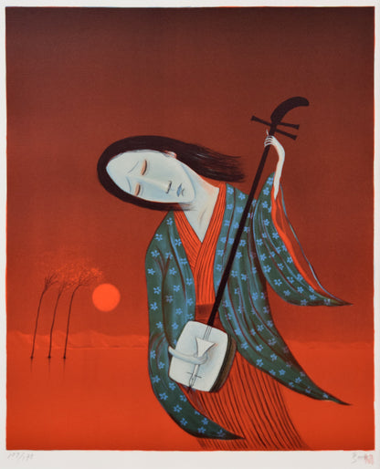 斎藤真一「津軽哀歌　赫い陽」リトグラフ　作品全体拡大画像
