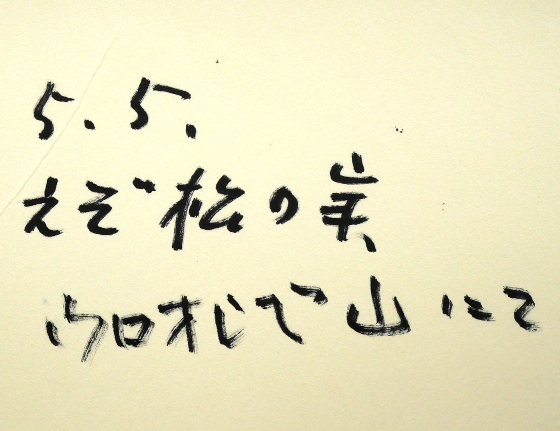 坂本直行「えぞ松の実（十勝岳温泉ウロオシベ山にて）」水彩画・4号　年記（1970年5月5日作）、タイトル部分拡大画像