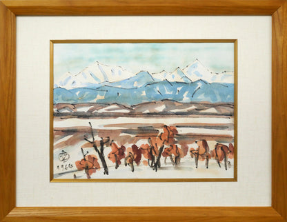 坂本直行「冬の原野とカムイエクウチカウシ山（日高）」水彩画・3号
