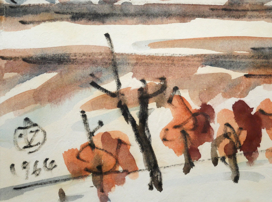 坂本直行「冬の原野とカムイエクウチカウシ山（日高）」水彩画・3号　拡大画像3