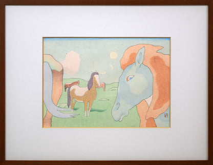 坂本繁二郎「放牧馬」木版画