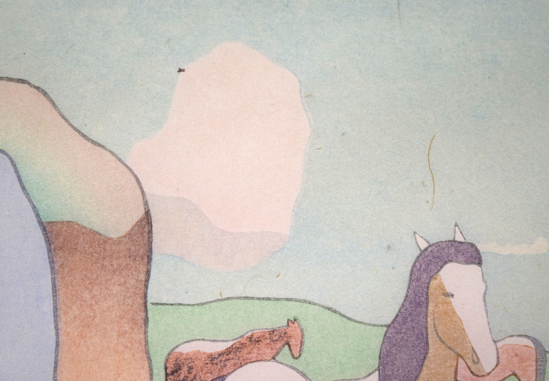 坂本繁二郎「放牧馬」木版画　拡大画像1