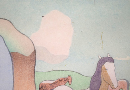 坂本繁二郎「放牧馬」木版画　拡大画像1