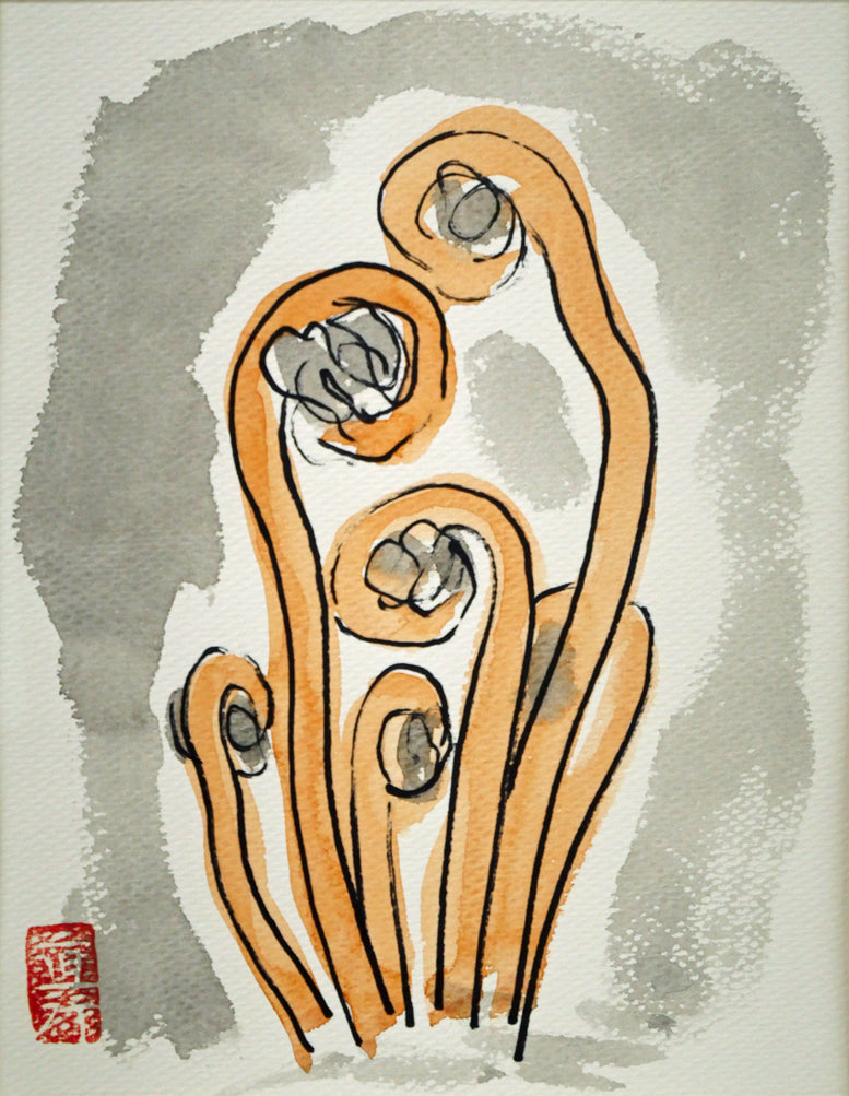 坂本直行「ぜんまい」水彩画（19×16cm）　作品全体画像