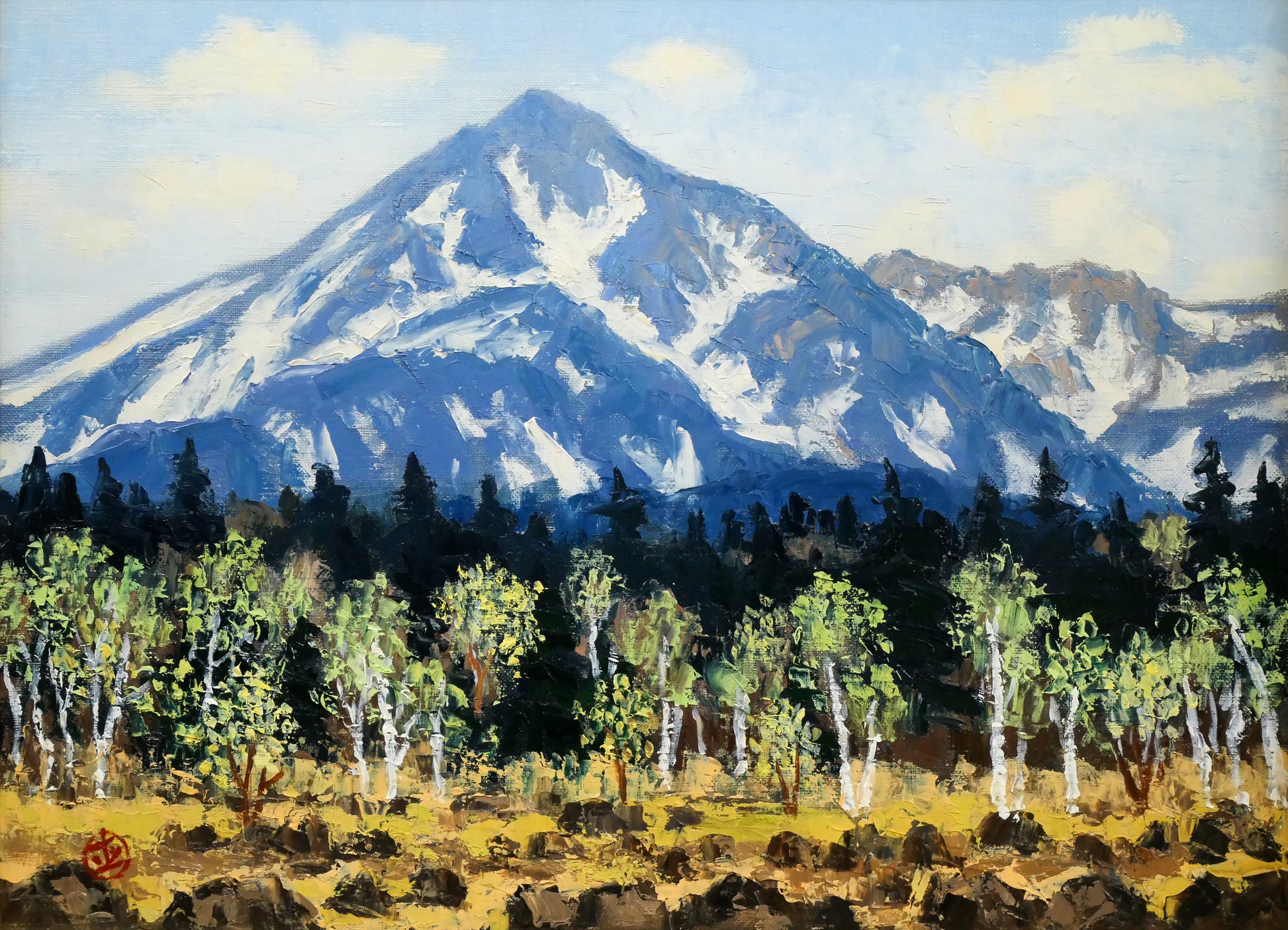 坂本直行「残雪の美瑛岳」油絵・P8号　作品全体画像