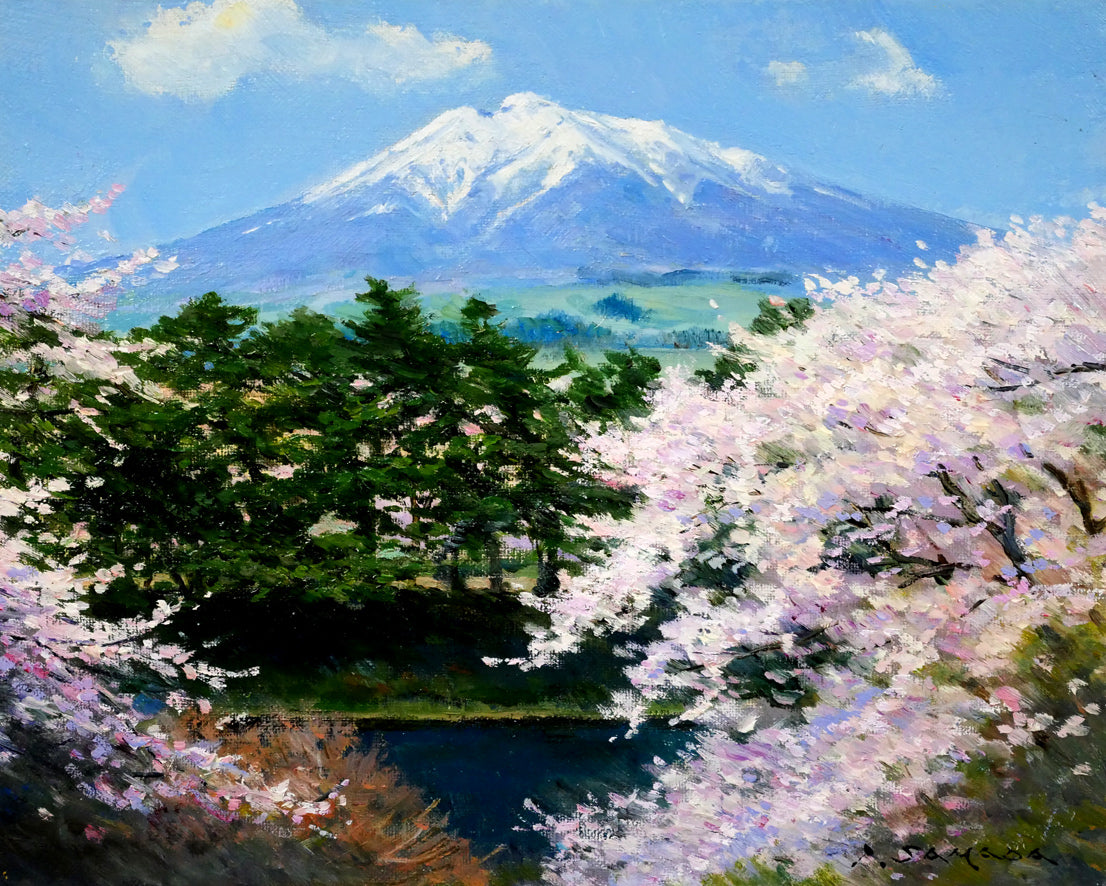 佐間田敏夫「花とつがる富士（弘前）」油絵・F3号　作品全体画像