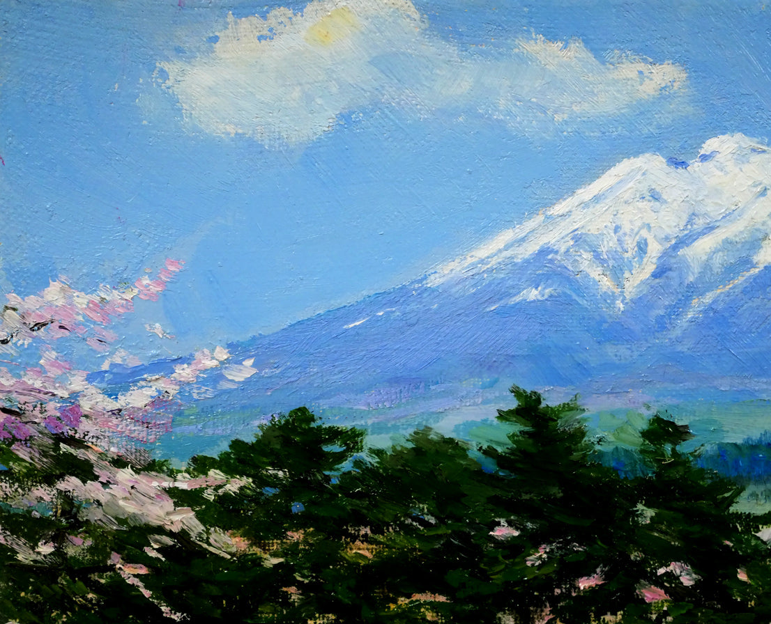 佐間田敏夫「花とつがる富士（弘前）」油絵・F3号　拡大画像1