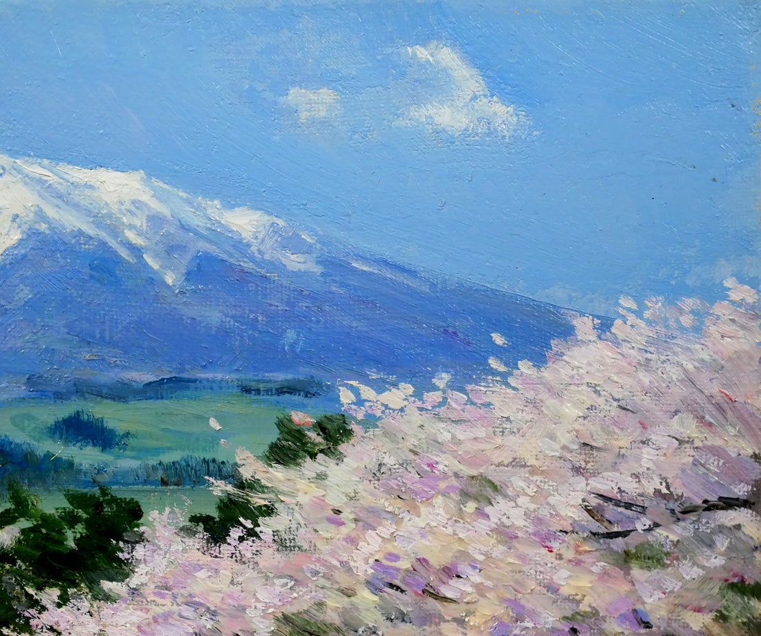 佐間田敏夫「花とつがる富士（弘前）」油絵・F3号　拡大画像3