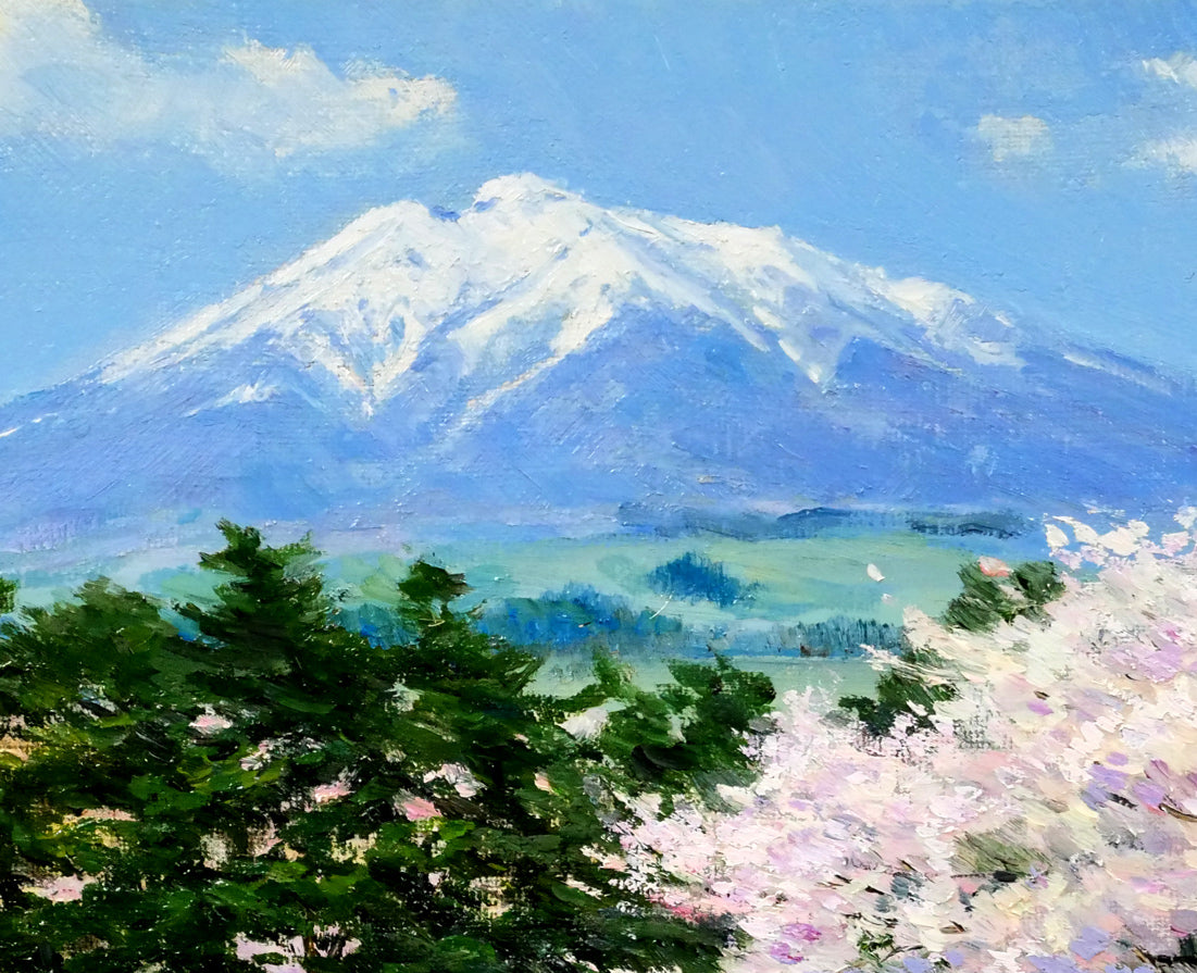佐間田敏夫「花とつがる富士（弘前）」油絵・F3号　拡大画像2