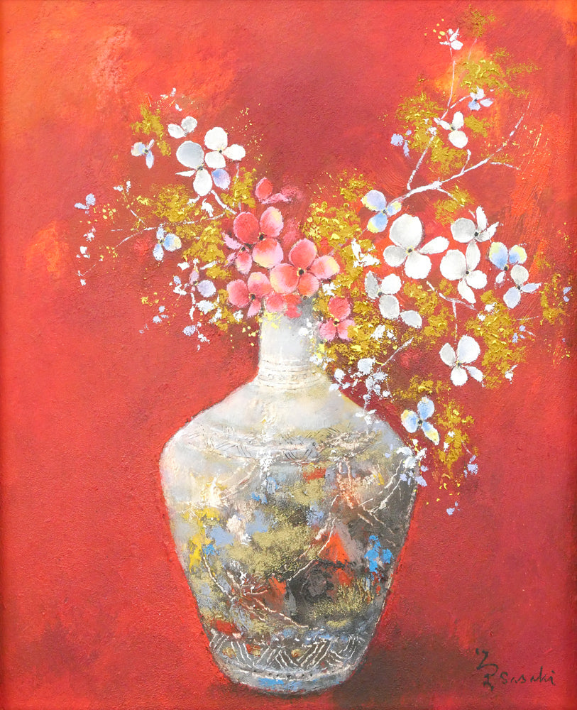 佐々木栄松「サビタの花（金縁）」油絵・F3号　作品全体拡大画像