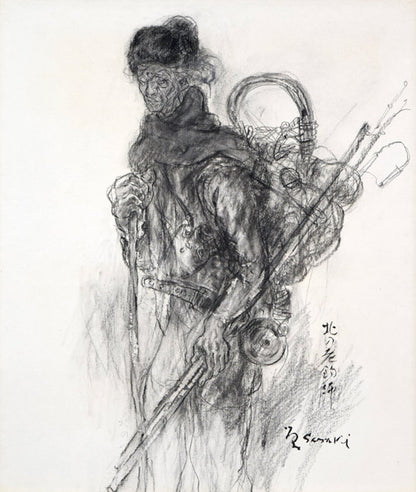 佐々木栄松「北の老釣師（自画像）」コンテ素描・F10号　作品全体画像
