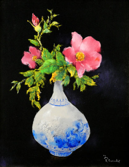 佐々木栄松「ハマナス」油絵・F6号　作品全体画像