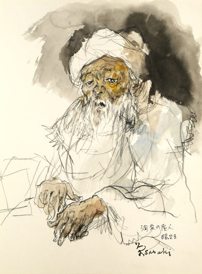 佐々木栄松「洞穴の老人」水彩画・6号　作品全体画像