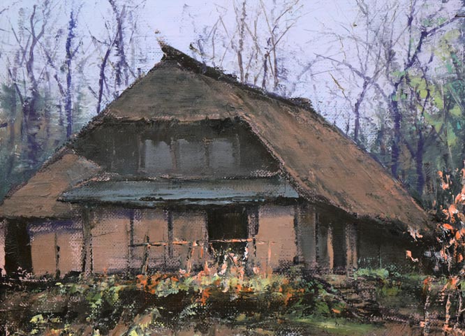 佐藤あつ子「兜造りの家（さがえ）」油絵・P8号　拡大画像3