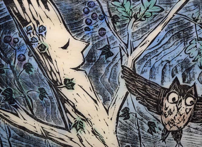 佐藤国男「かしわばやしの夜（めくらぶどう）」木版画に裏彩色　拡大画像1