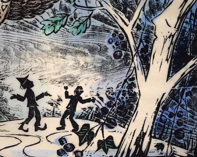 佐藤国男「かしわばやしの夜（めくらぶどう）」木版画に裏彩色　拡大画像6