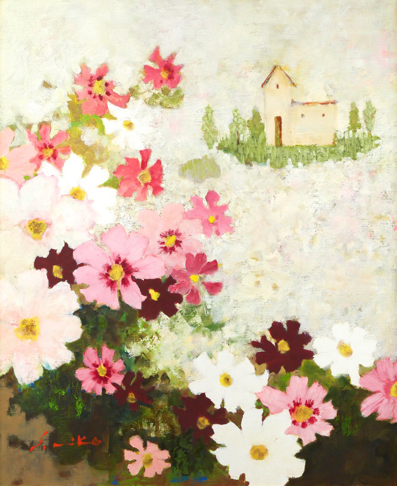 猿渡暁子「教会の庭で」油絵・F15号　作品全体画像