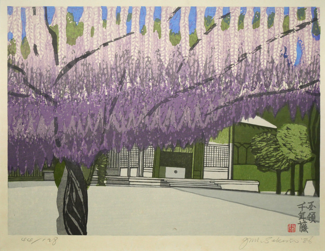 関野準一郎「調布八景　国領神社千年藤」木版画　作品全体画像