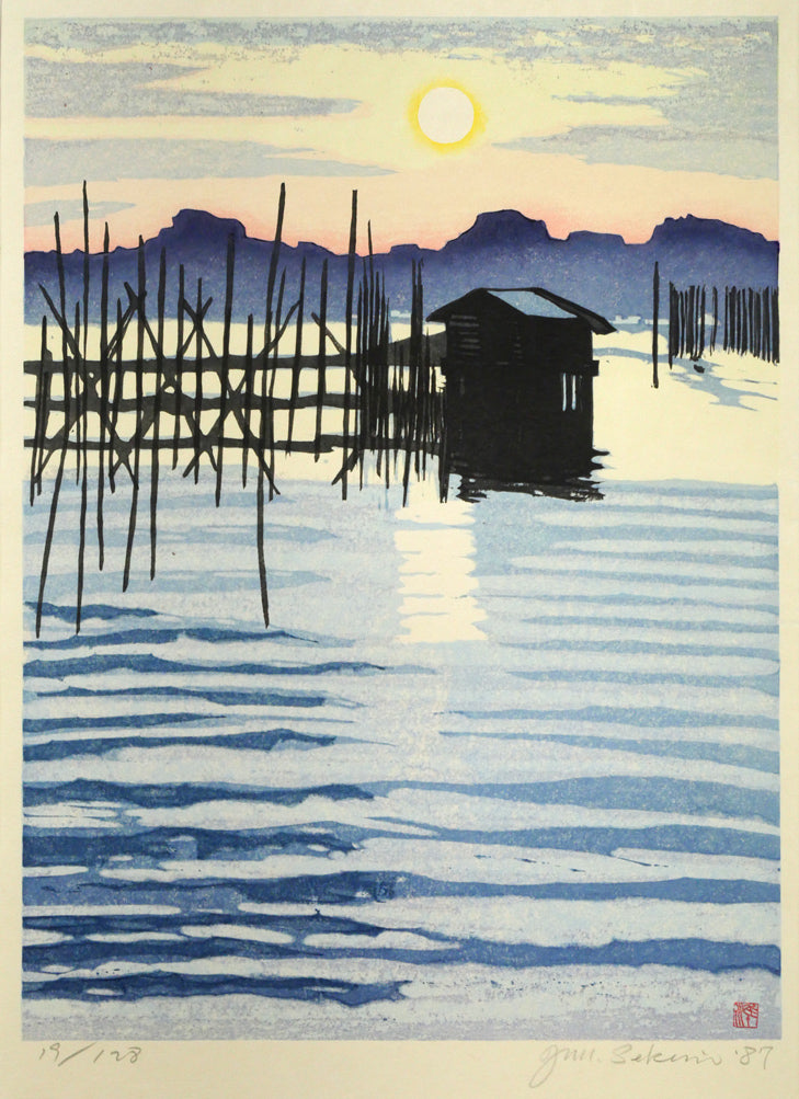 関野準一郎「小川原湖」木版画　作品全体画像