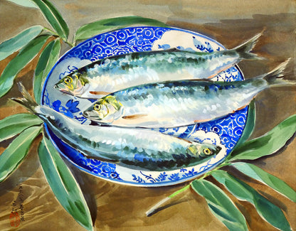 繁野三郎「春告魚（ニシン）」水彩画・8号　作品全体画像