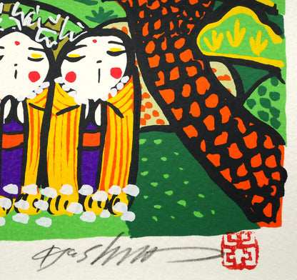 志摩欣哉「朱不二と六地蔵」シルクスクリーン版画　本人直筆鉛筆サイン・落款印