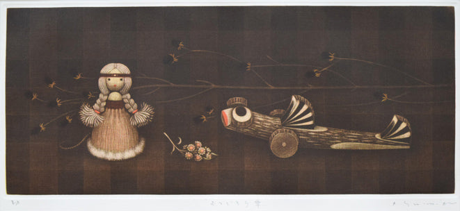 清水敦「むつごろう車」銅版画（カラーメゾチント）　作品全体画像