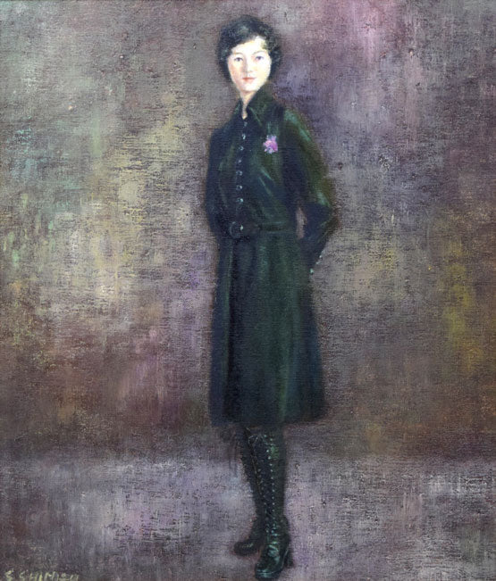 清水澄子「ブーツを穿いた女」油絵・F10号　作品全体拡大画像