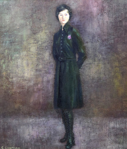 清水澄子「ブーツを穿いた女」油絵・F10号　作品全体拡大画像
